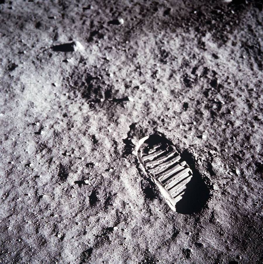 Boot-print from Buzz Aldrin on Apollo 11 moonwalk: July 20, 1969